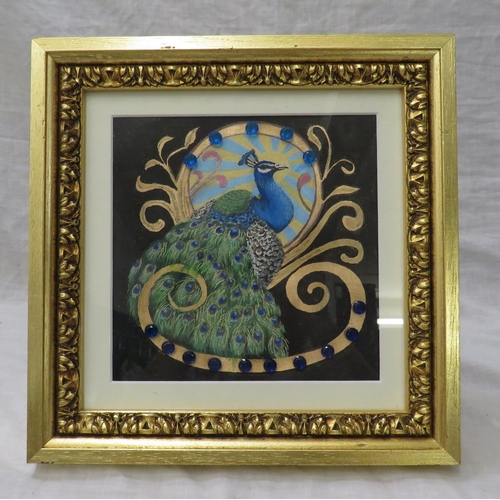 F/g Acrylic & Ink on Rose Gold Leaf Peacock, embellished with sea blue ...