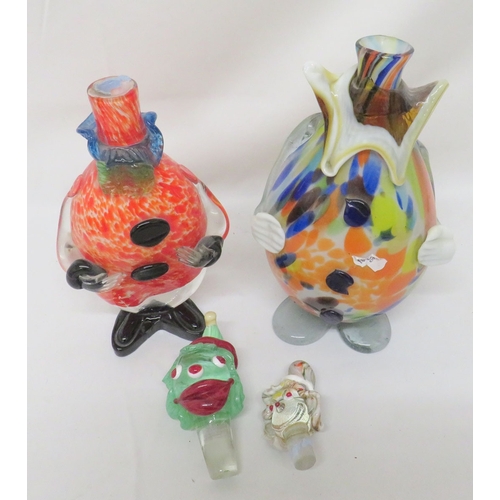1220 - 2 Murano Style Glass Clown Decanters with 2 unassociated stoppers, largest approx. 27cm H (2)