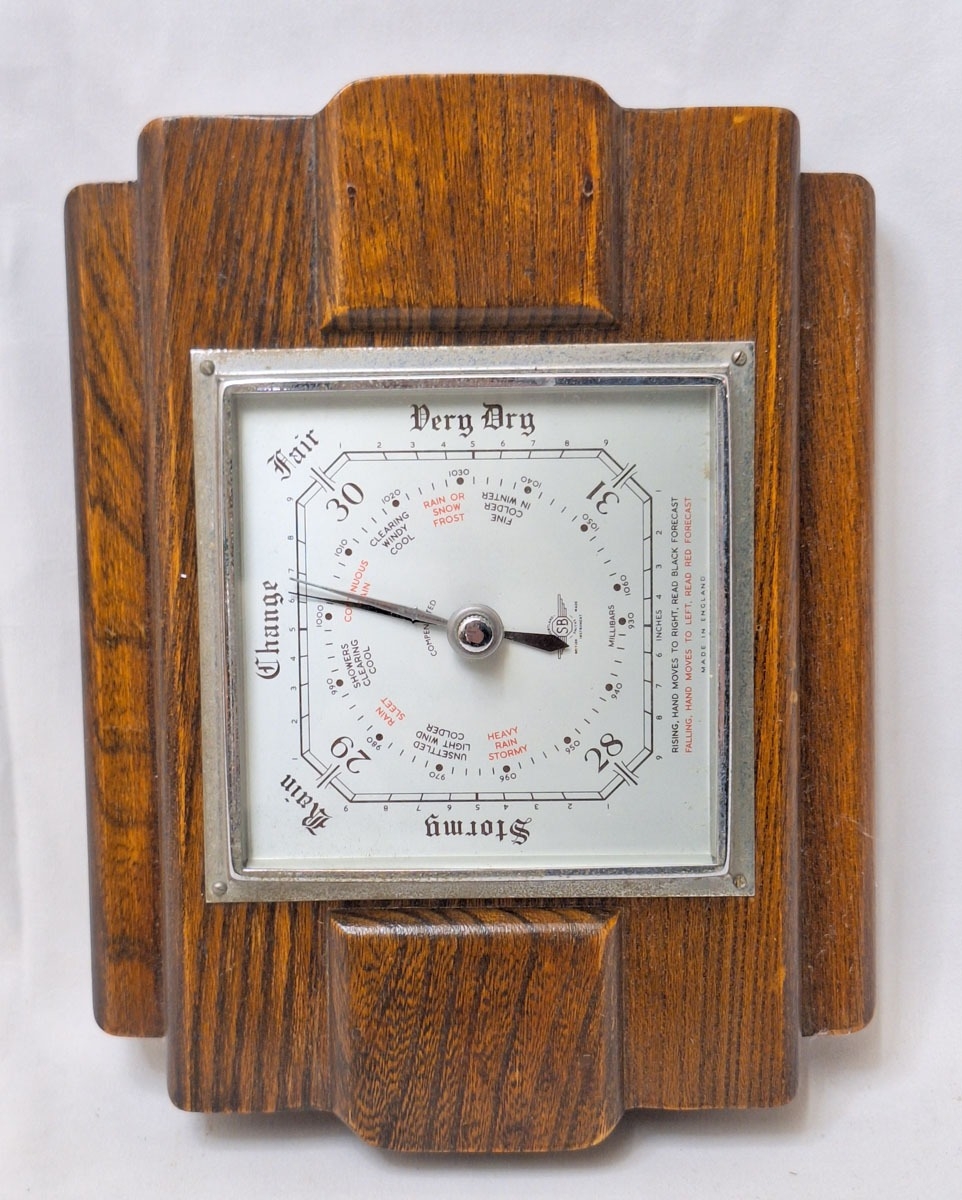 Oak Cased Art Deco Square Aneroid Shortland Brothers Barometer approx ...