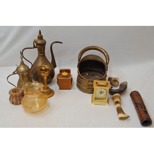 1498 - Small Brass Coal Scuttle with overhandle, 2 Middle Eastern style ewers, 5 wooden coasters, quartz ma... 