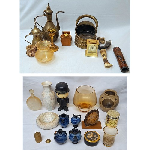 1323 - Small Brass Coal Scuttle with overhandle, 2 Middle Eastern style ewers, 5 wooden coasters, quartz ma... 