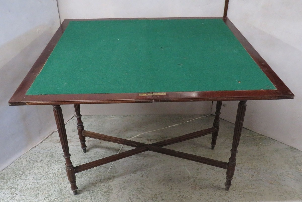 Dark Wooden Side Table folding to card table, green baize top, carved ...