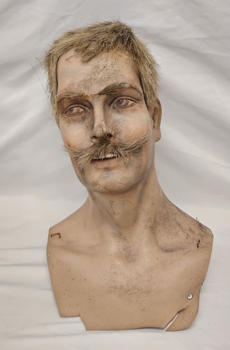 Fibreglass Life Size Male Head, with wirey hair & moustache approx. 32cm H