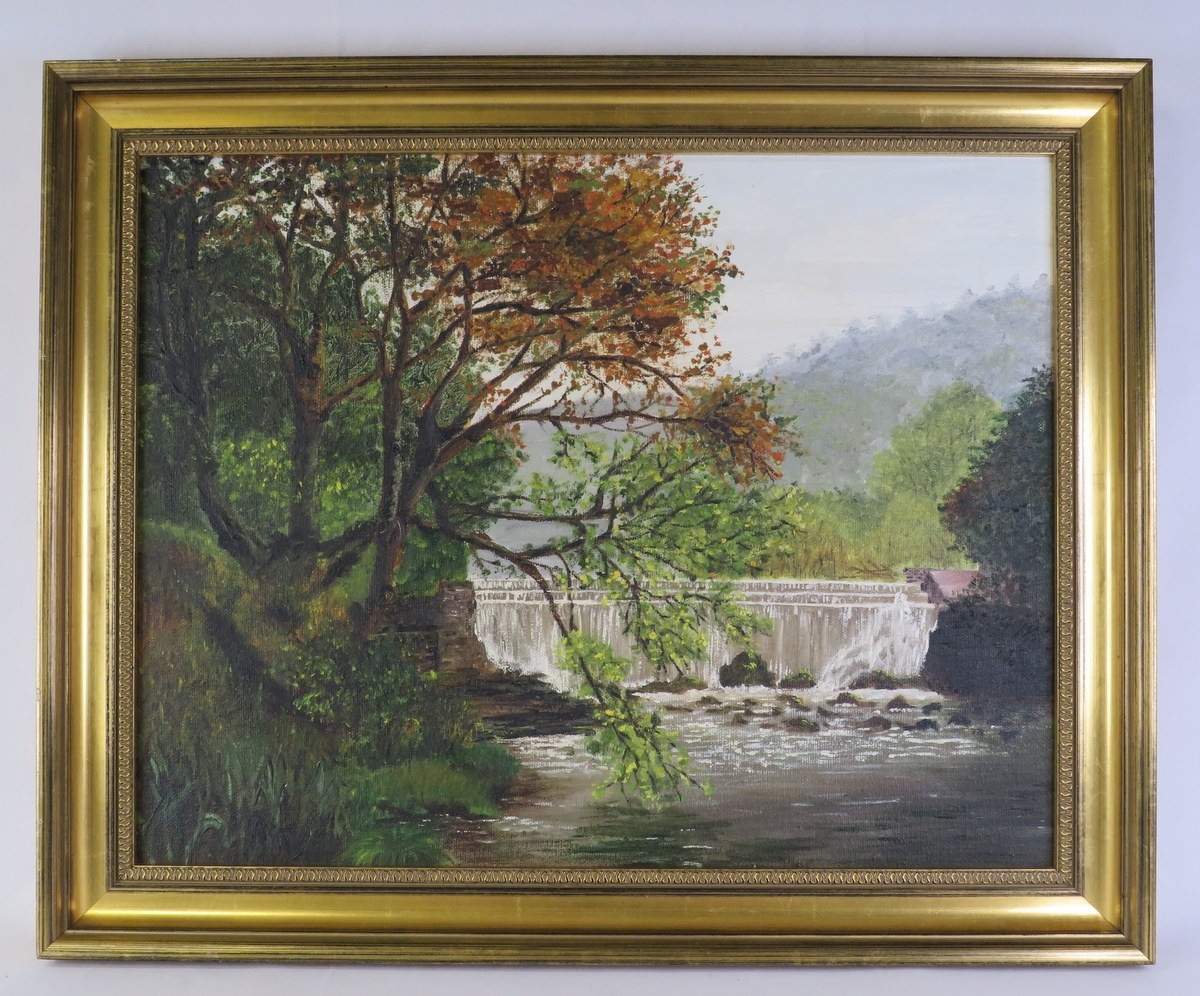 Framed Oil on Canvas, landscape scene with tree by a waterfall approx ...