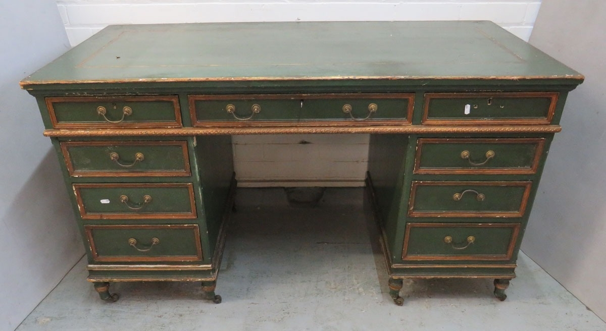 Wooden Green Painted Pedestal Desk, smaller drawer to left & right ...