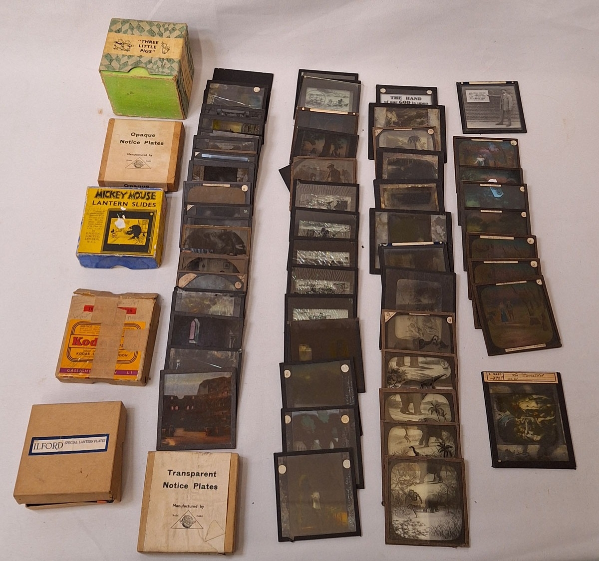 Vintage Magic Lantern Slides incl. boxed Mickey Mouse & 3 little pigs ...