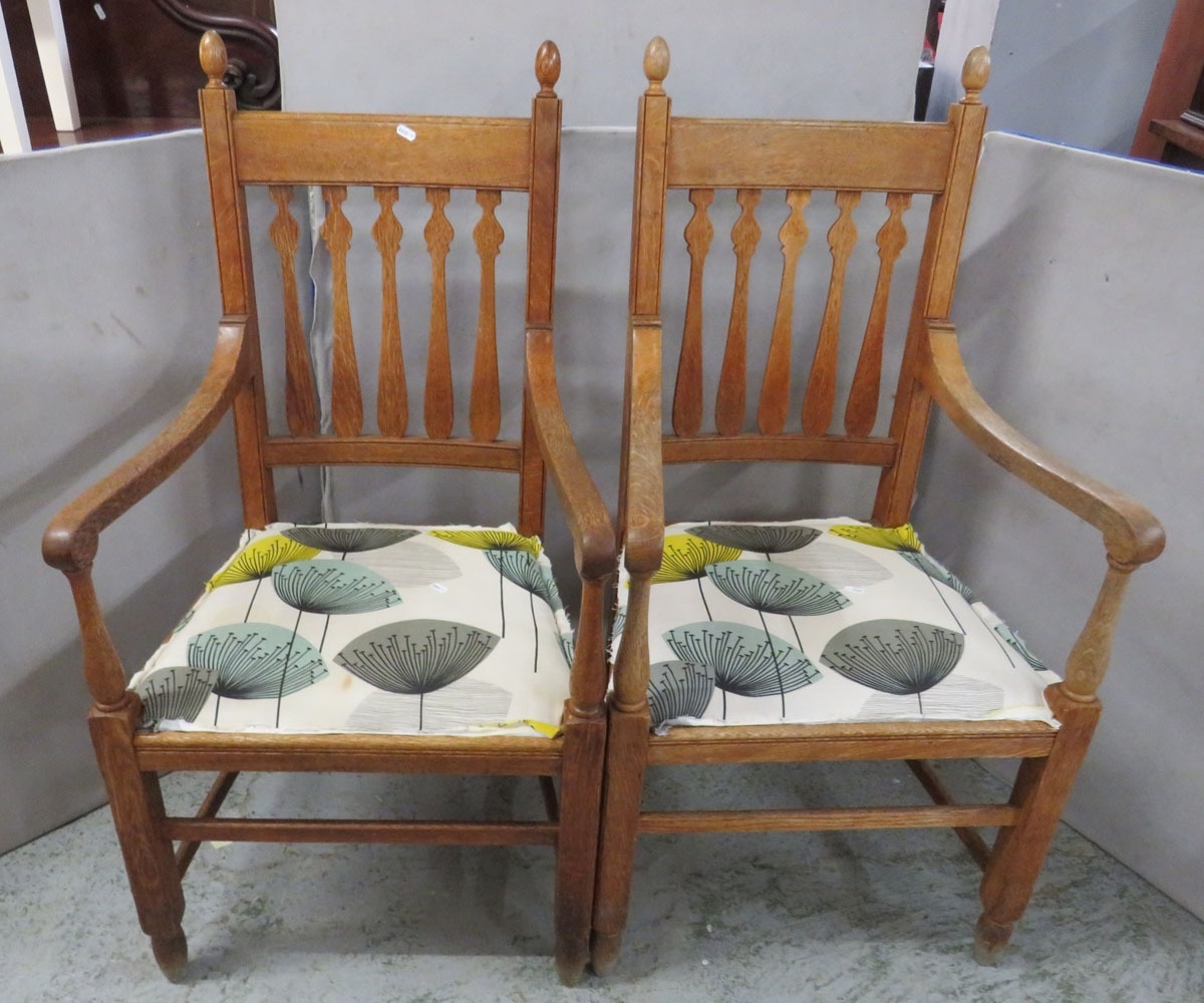 Pair Vintage Oak Arts & Crafts Style Armchairs, upholstered seats (A4)