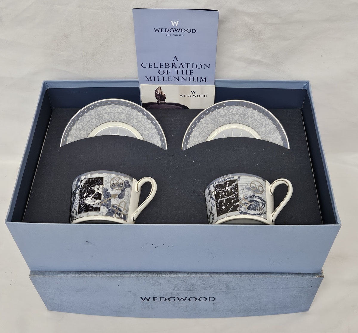 Boxed Wedgwood Millennium Set 2 tea cups & saucers