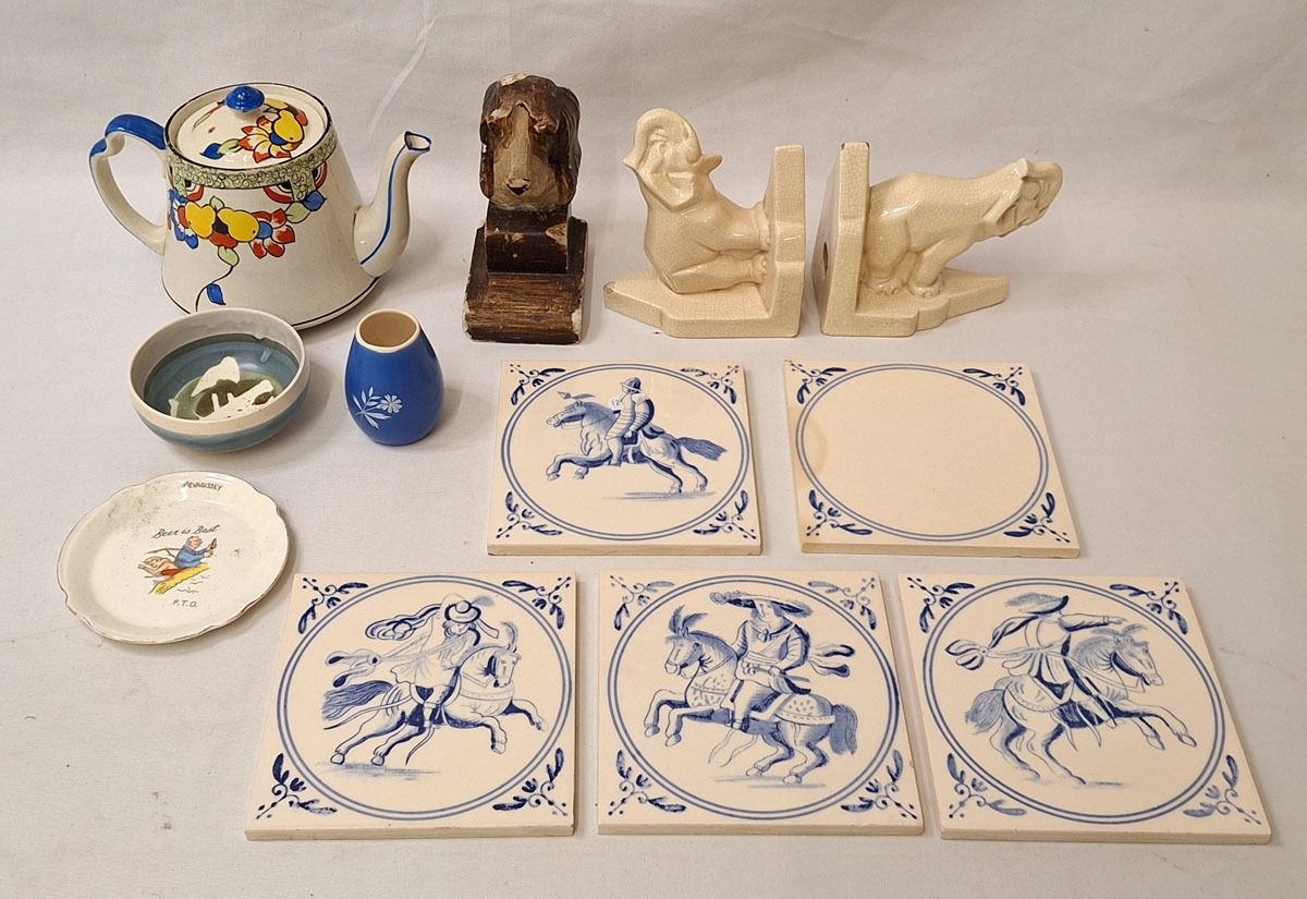 5 Delft Pottery blue horse tiles, pair 1930s ceramic elephant bookends ...