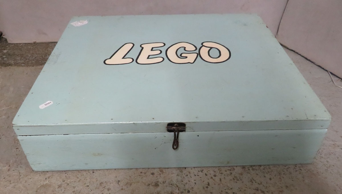 Wooden Blue Painted Box with 'Lego' to top, black handles to each side ...