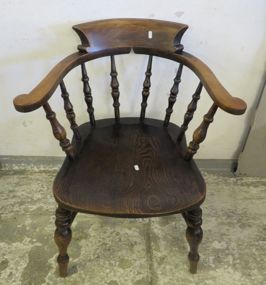 Dark Hardwood Smokers Bow Chair, turned columns, spindle back, curved ...