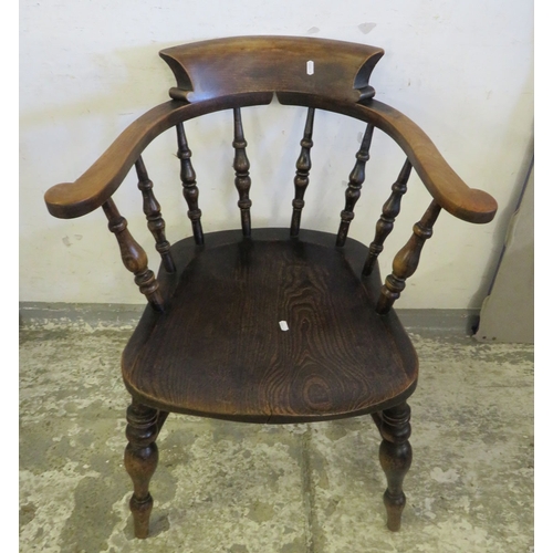 Dark Hardwood Smokers Bow Chair, turned columns, spindle back, curved ...