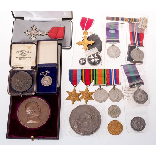 107 - A collection of various medals and medallions including a Victorian Indian service medal (no suspens... 