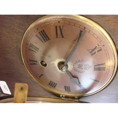 127 - A WWII RAF ward room mantel clock: the single fusee movement with Arabic numeral dial marked with RA... 