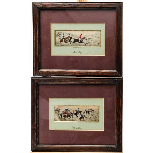 18 - A set of four framed silk Stevengraph equestrian scenes: 'Full Cry', ' The Meet', 'The Slip' and 'Th... 