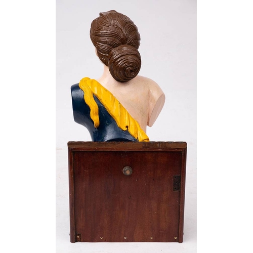 250 - A late 19th century carved figurehead of 'Diana': with brown hair over painted face and blue dress w... 