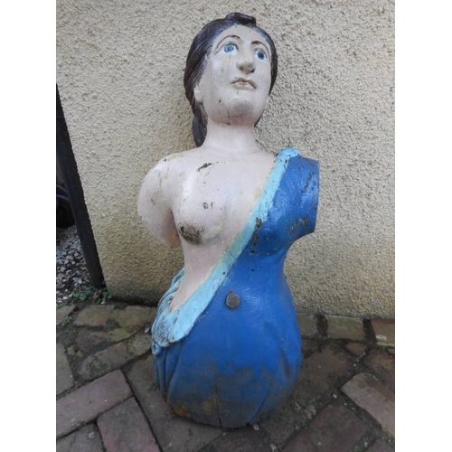 250 - A late 19th century carved figurehead of 'Diana': with brown hair over painted face and blue dress w... 