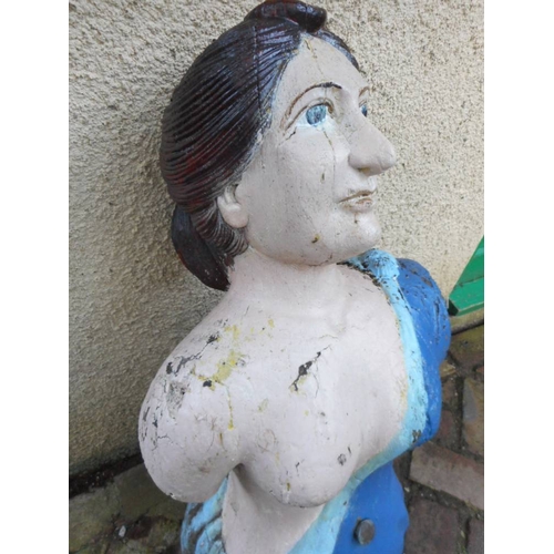 250 - A late 19th century carved figurehead of 'Diana': with brown hair over painted face and blue dress w... 