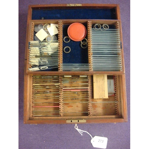 273 - A late 19th /early 20th century mahogany microscope slide case and contents: mostly entomological sp... 