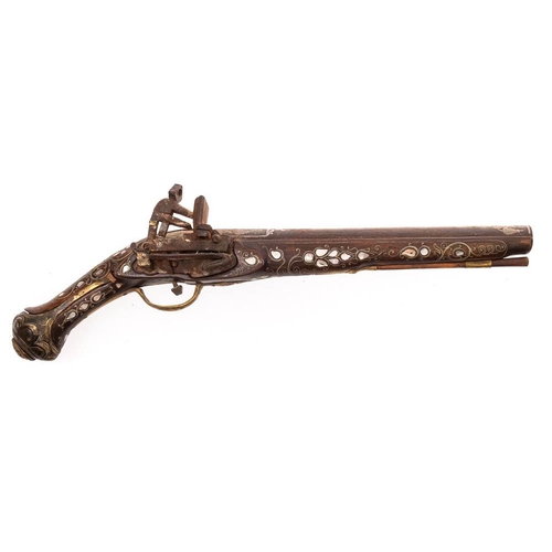 64 - A 19th century Turkish white metal and mother of pearl inlaid flintlock pistol,:the 12 inch barrel w... 