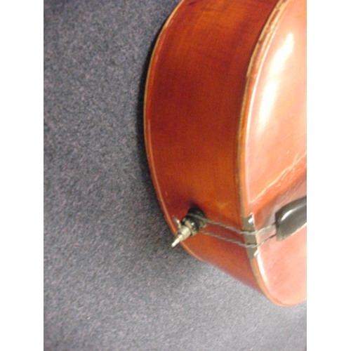 873 - A three quarter size double bass:, unsigned, with scroll carved headstock and brass keys, over body ... 