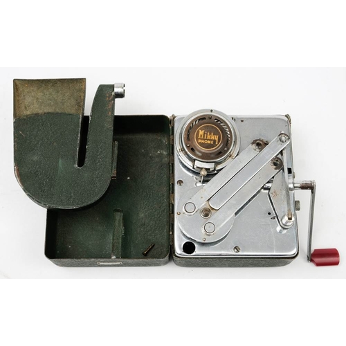 875 - Mikky Phone (Japan) A portable wind up miniature gramophone:, the dark green crackle finish case enc... 