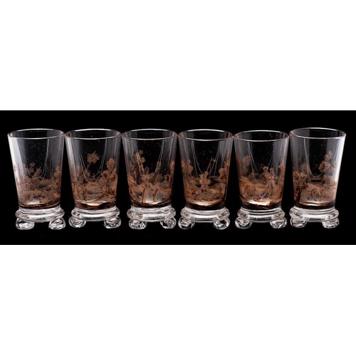 1137 - A set of six Lobmeyr Schwarzlot enamelled tot/liqueur glasses: each decorated in black with figures ... 