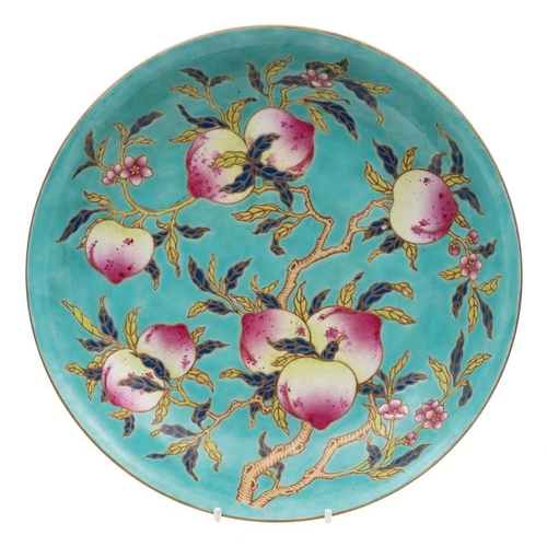 1143 - A Chinese famille rose peach dish: enamelled with branches of peaches, leaves and blossom on a turqu... 