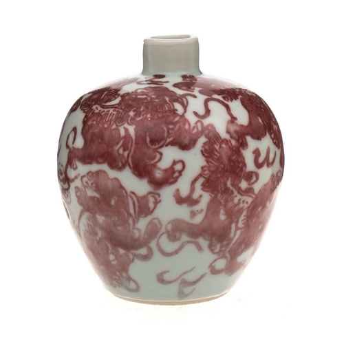 1156 - A Chinese copper red jarlet: of globular form with cylindrical neck, painted overall with mythical b... 