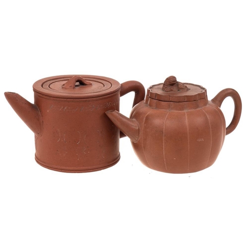1167 - Two Chinese Yixing stoneware teapots: both of light brown hue, one of melon shaped form with simple ... 