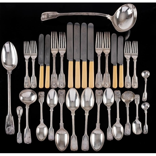 791 - A Victorian silver Fiddle Thread and Shell pattern part flatware service, maker John Round & Son Ltd... 