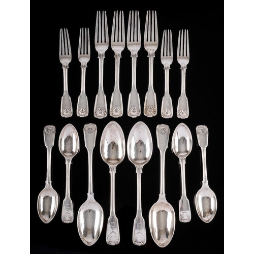 792 - A Victorian silver Fiddle, Thread and Shell  pattern part flatware service, maker CB possibly Charle... 