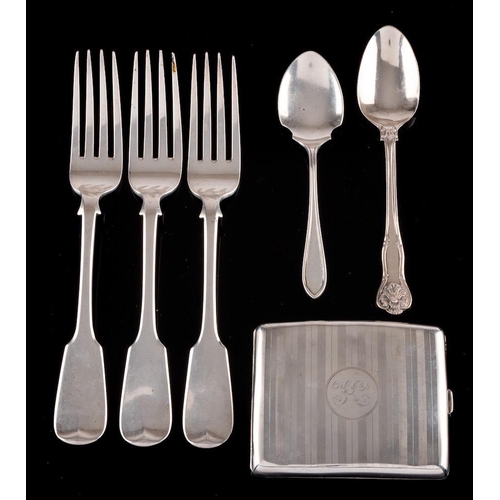 793 - A set of three Victorian Scottish silver  fiddle pattern table forks, maker John Murray & John Muir,... 