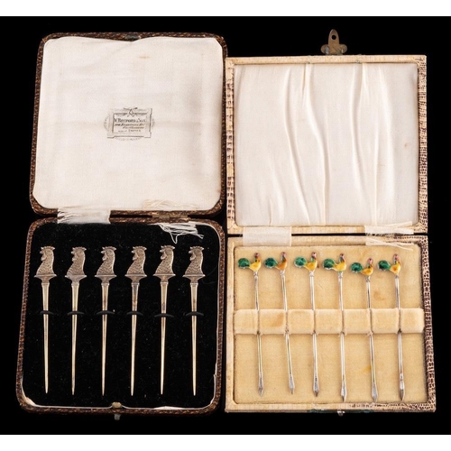 799 - A set of six George V silver novelty cocktail sticks, maker James Dixon & Sons Ltd, Sheffield, 1928:... 