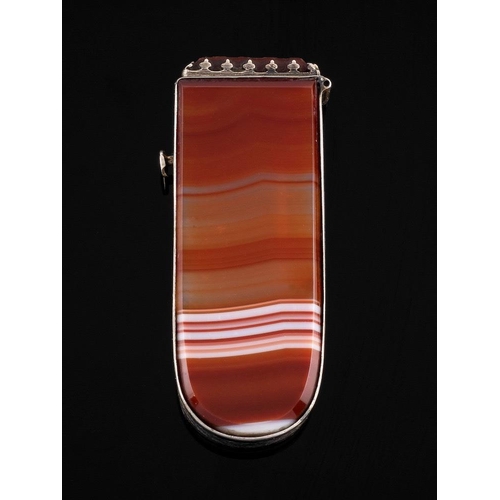 824 - A late Victorian polished banded agate vesta case: of rectangular outline, with hinged lid and agate... 