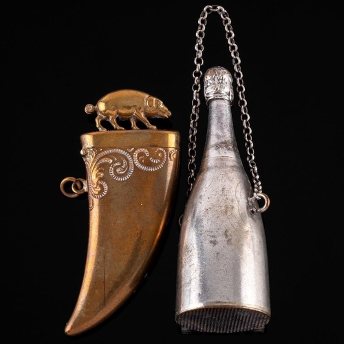 829 - A novelty plated vesta case: modelled as a champagne bottle, 7cm high, together with a brass vesta c... 