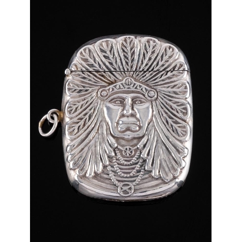 831 - A 20th century American sterling silver vesta case, stamped 925 sterling: both sides with embossed d... 
