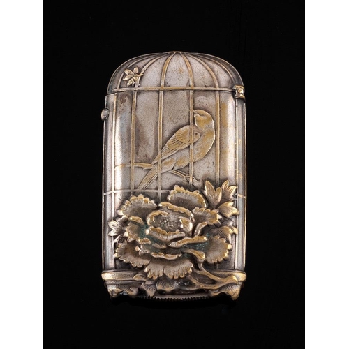 832 - A Japanese gilt metal vesta case: decorated to either side with a finch in a cage and floral decorat... 