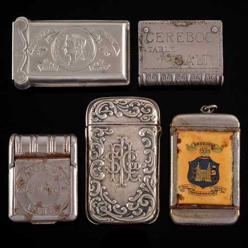 834 - A collection of five metal advertising vesta cases: including 'The State Fire Office', Bryant & May,... 