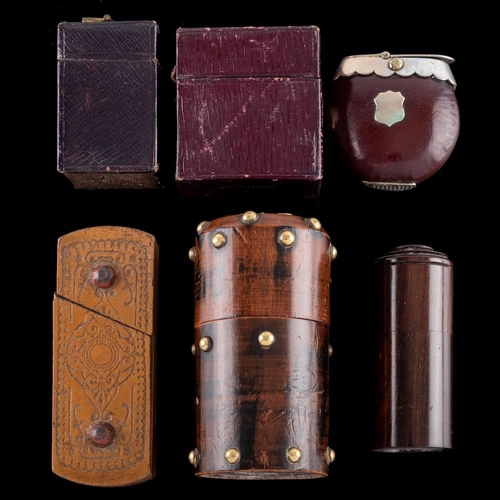 838 - A collection of six assorted vesta cases and boxes: including leather bound examples, plate mounted ... 