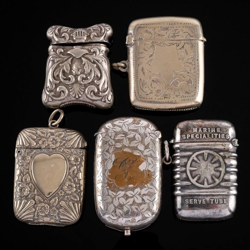 839 - Five silver plated vesta cases of traditional design: one incorporating a pencil and sovereign holde... 
