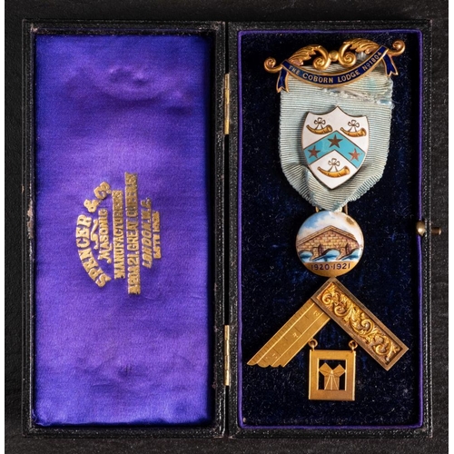 134 - An 18ct gold and enamel Masonic jewel for 'The Coborn Lodge No.1804': with cyan colour ribbon, gold ... 