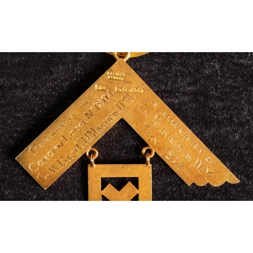 134 - An 18ct gold and enamel Masonic jewel for 'The Coborn Lodge No.1804': with cyan colour ribbon, gold ... 