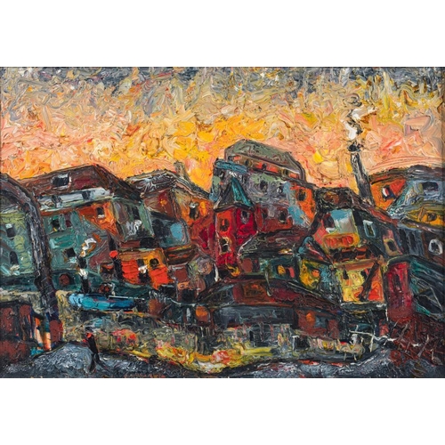 106 - * Barrington Moore Tabb [b.1934]- Sunset landscape; Sunset townscape,:- two, both signed with initia... 