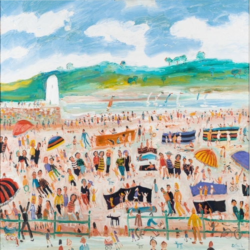 125 - * Simeon Stafford [b.1956]- St Ives; a busy beach scene:-  signed bottom right further signed and in... 