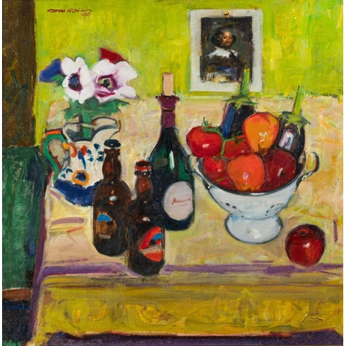 16 - * Norman Kirkham [b.1936]- Still life with anemones and Laughing Cavalier,:- signed top right oil on... 