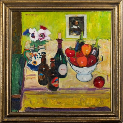 16 - * Norman Kirkham [b.1936]- Still life with anemones and Laughing Cavalier,:- signed top right oil on... 