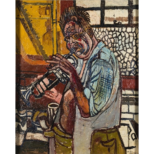 161 - * John Randall Bratby [1928-1992] -  Self-portrait playing the trumpet in the scullery, Chiswick,:- ... 