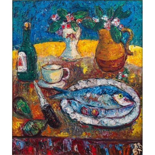 17 - * Barrington Moore Tabb [b.1934]- Still life,:- fish on a plate, wine bottle and two vases of flower... 