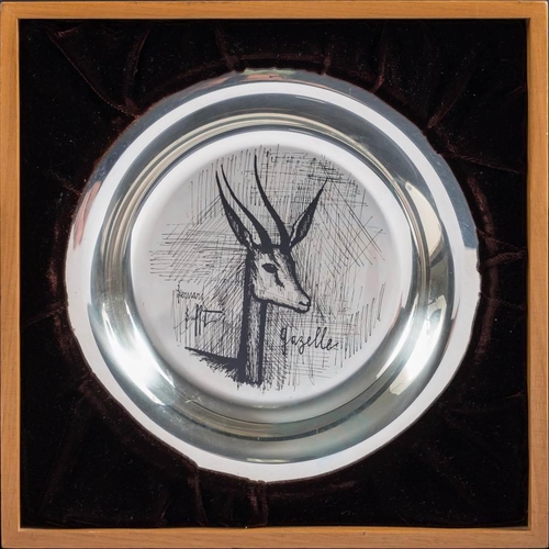 195 - A Bernard Buffet decorated  French silver dish,  bears import marks for London, 1973: the centre wit... 